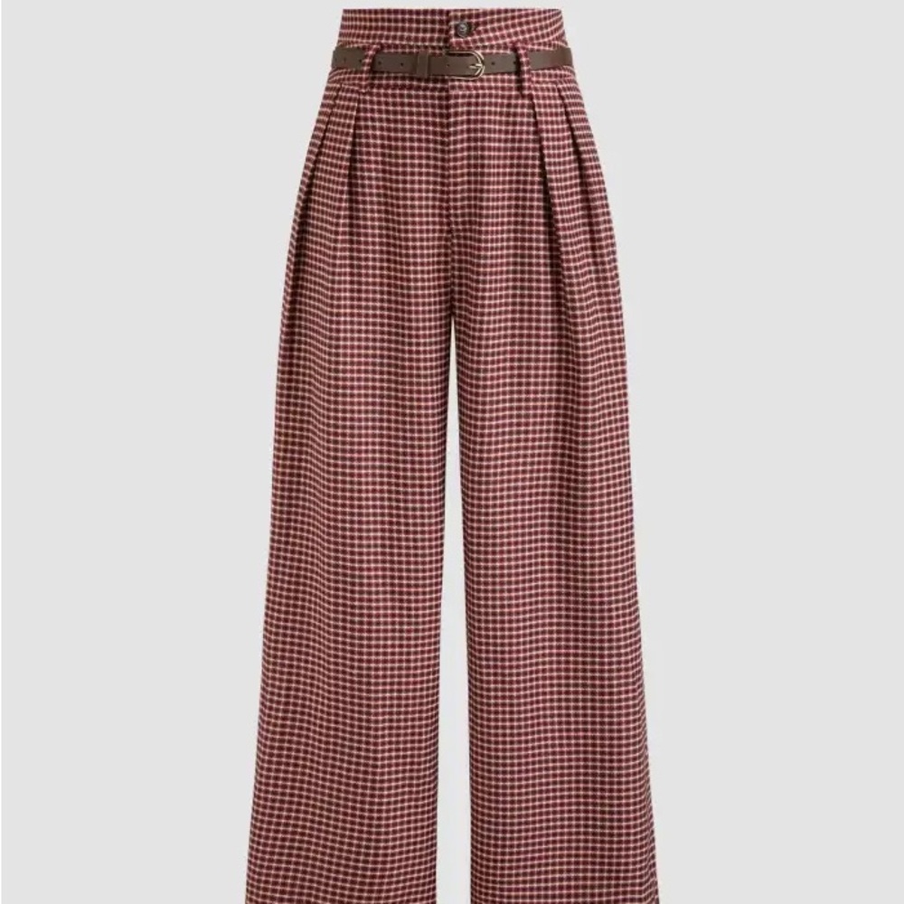 Cider Belted High Rise Red Checkered Wide Leg Pants Trouser Houndsooth